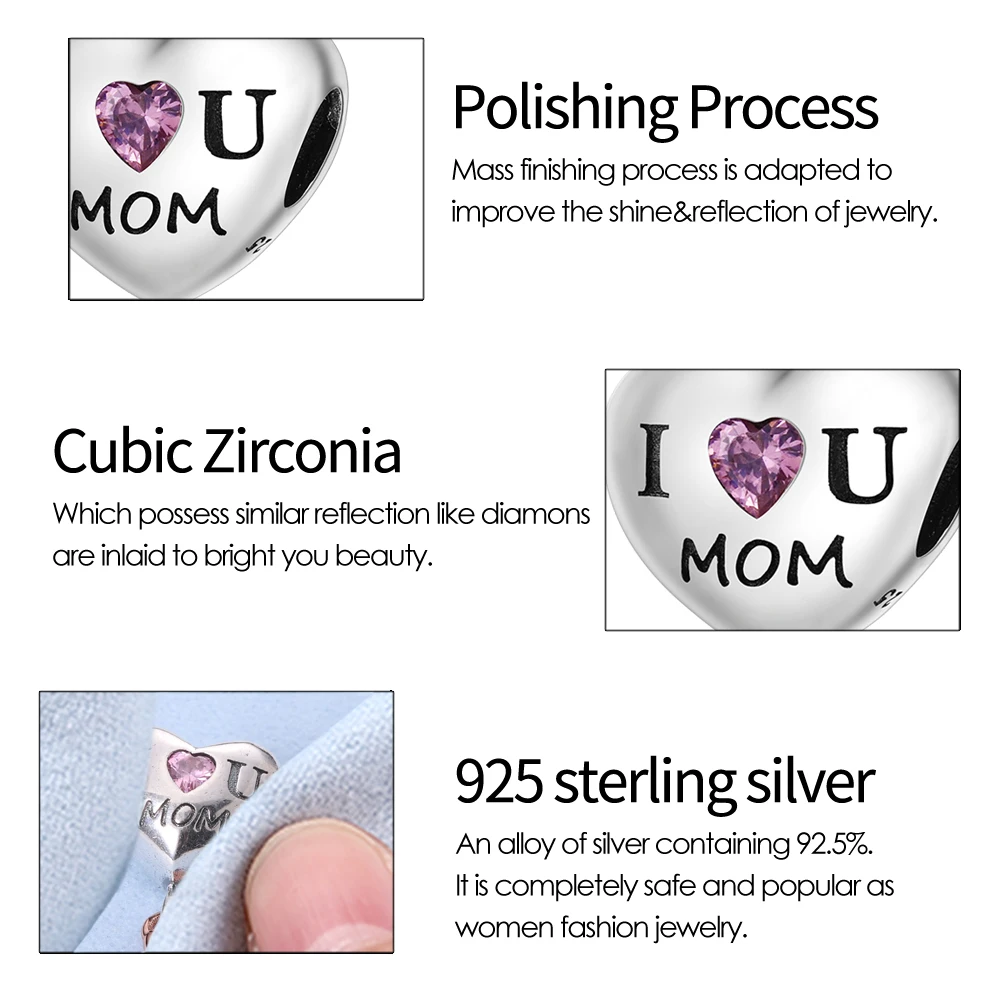 Original 925 Sterling Silver Mom I Love You Heart Charms Beads Pendants Fit S925 Bracelet Necklace Fine DIY Mother's Day Jewelry image 5