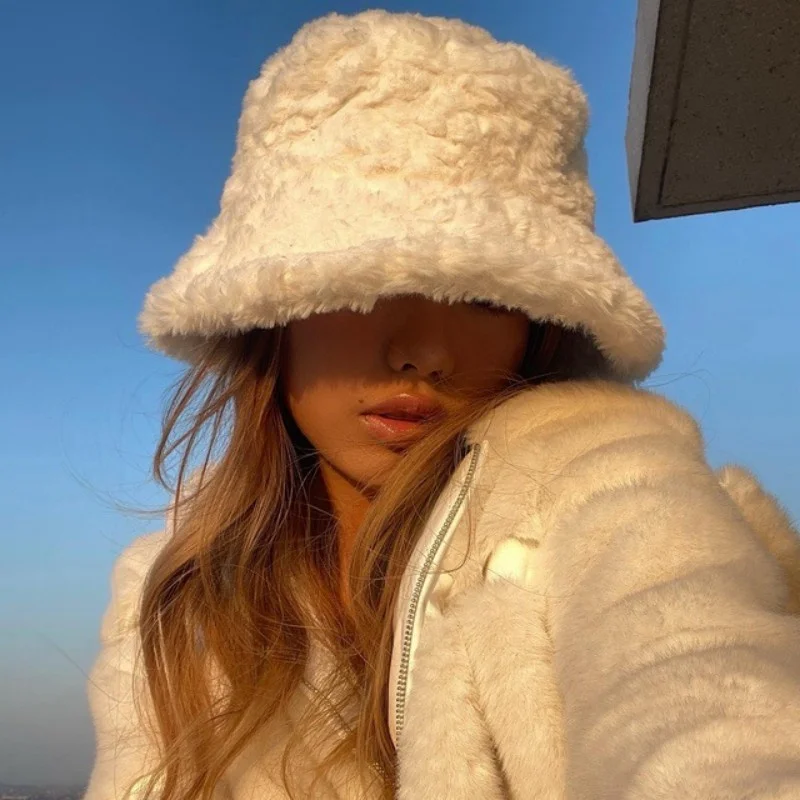 

Winter Faux Fur Fluffy Soft Bucket Hat Women Autumn Outdoor Solid Thick Warm Hat Fisherman Cap Girl Sunscreen Panama SunCap 2023