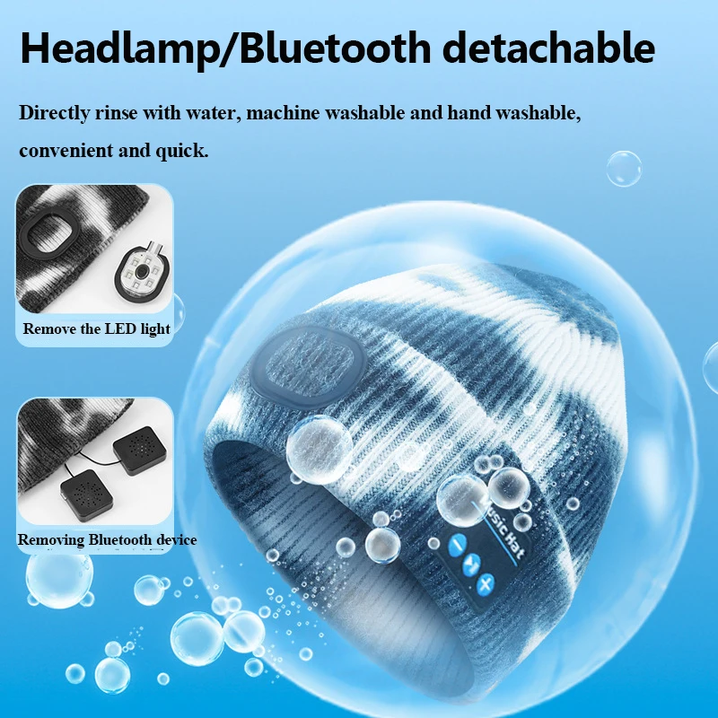 LED Bluetooth Music Headphones Outdoor Warm Stereo Music Hat Headset Washable Sports Earphones Cap with Mic Detachable LED Light