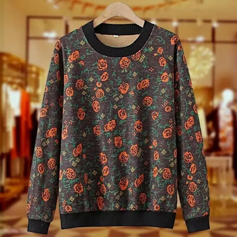 Women's Pullover Round Neck Printing Screw Thread Hoodies Autumn and Winter New Fashion Long Sleeve Office Lady Underlay Tops