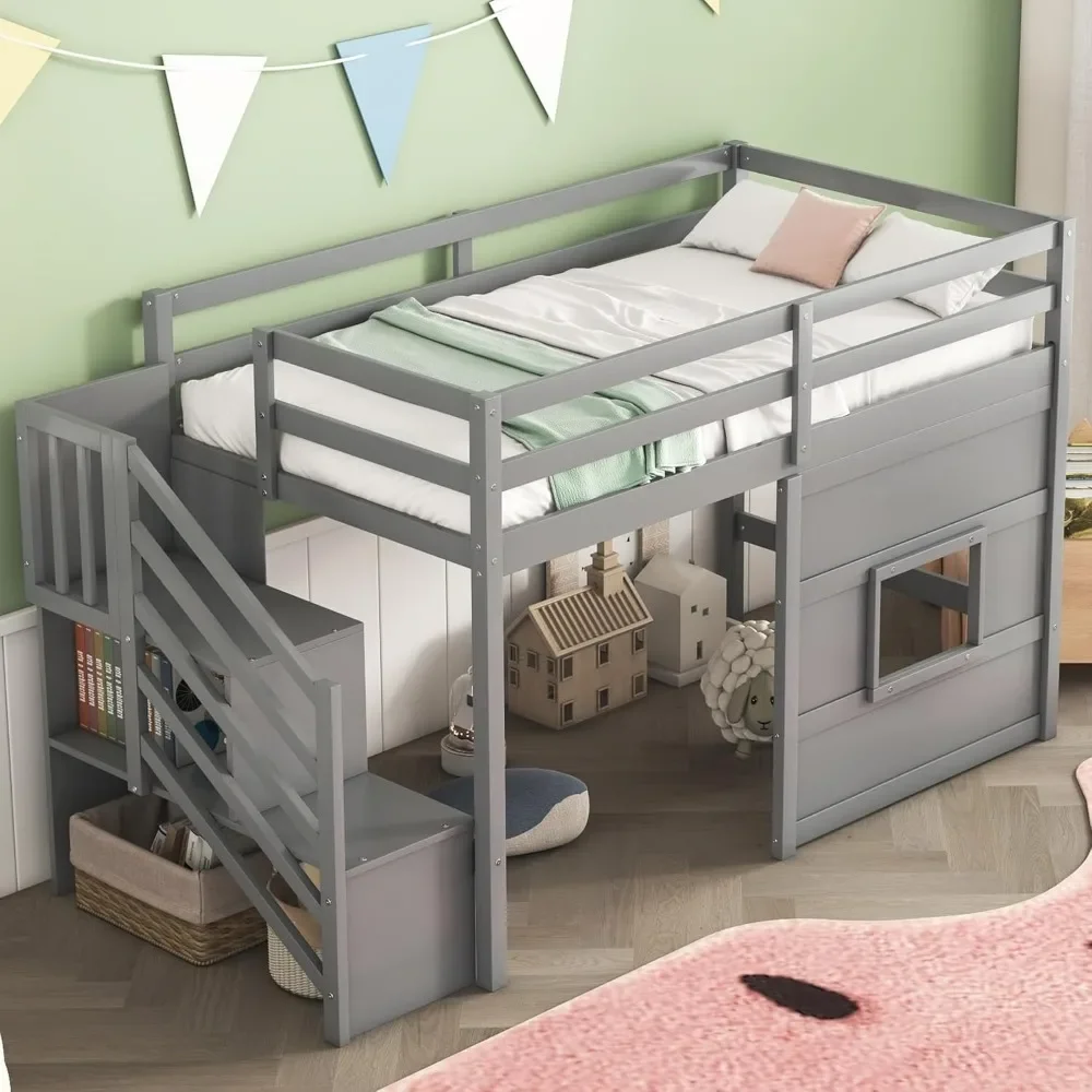 Twin Size Low Loft Bed with Stairs,Wood Loft Bed for Kids,Loft Bed Twin with Window Design, Space-Saving Twin for Girls Boys