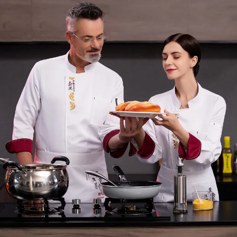 C306เชฟแขนยาวครัวเบเกอรี่ชุดสีแดง Canteen Kitchen เสื้อผ้าสีขาวชายโรงแรม Overalls Waiter เสื้อผ้า Chef Coat