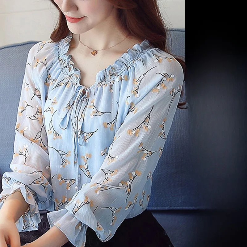 

Женский топ-база из шифона с цветочным принтом больших размеров, длинный рукав, полный весеннего настроения, модный кружевной топ