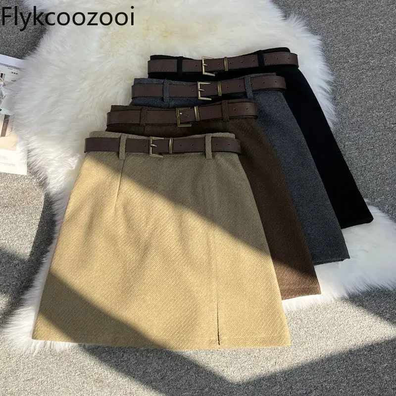 High-grade Solid Color Woolen Skirt for Women 2024 Autumn and Winter New Tweed Suit Skirt High Waist with Thin Belt