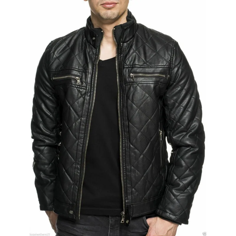 New Men's Black Quilted Leather Jacket Slim Fit Biker Jacket Fashion Trends