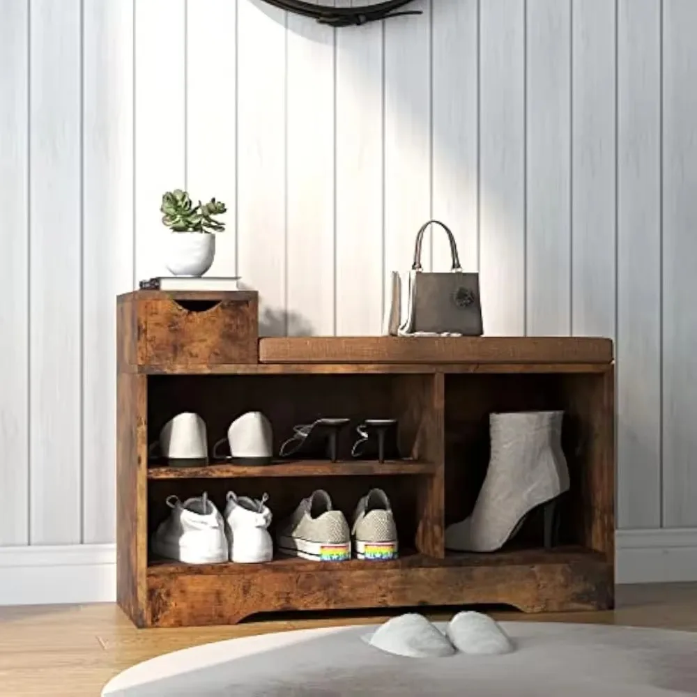 

Shoe stools with cushions and three compartments, storage stools with small drawers, for the entrance, living room and corridor