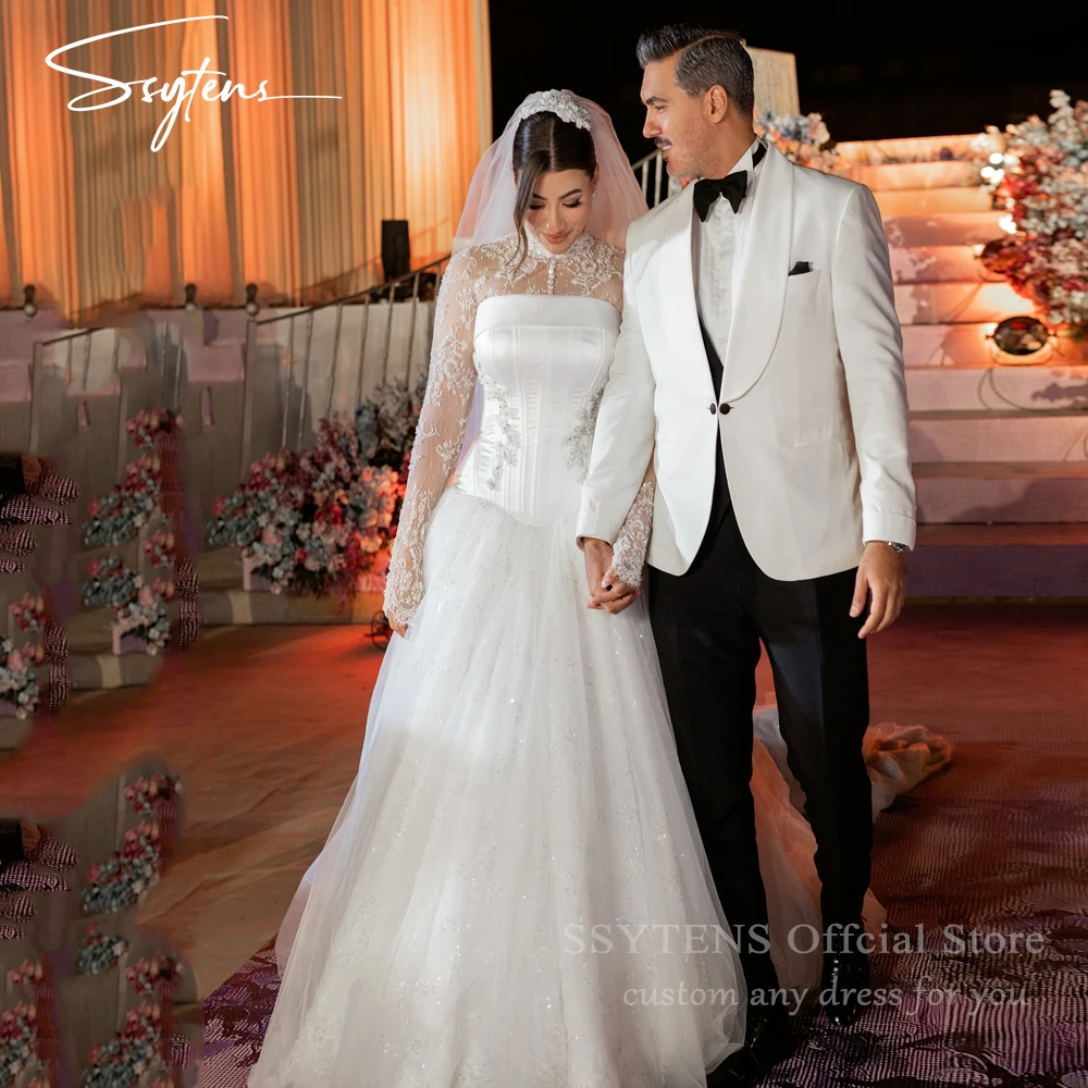 فساتين زفاف مدنية أنيقة من SSYTENS برقبة عالية على شكل حرف A زي العرائس مزينة بالترتر وفتحة جانبية فساتين عروس أنيقة حسب الطلب