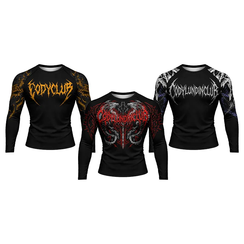 Men 3D Dragon Tribal Totem Print Long Sleeve Compression Rash Guard MMA BJJ Boxing Wrestling Grappling Training Shirt