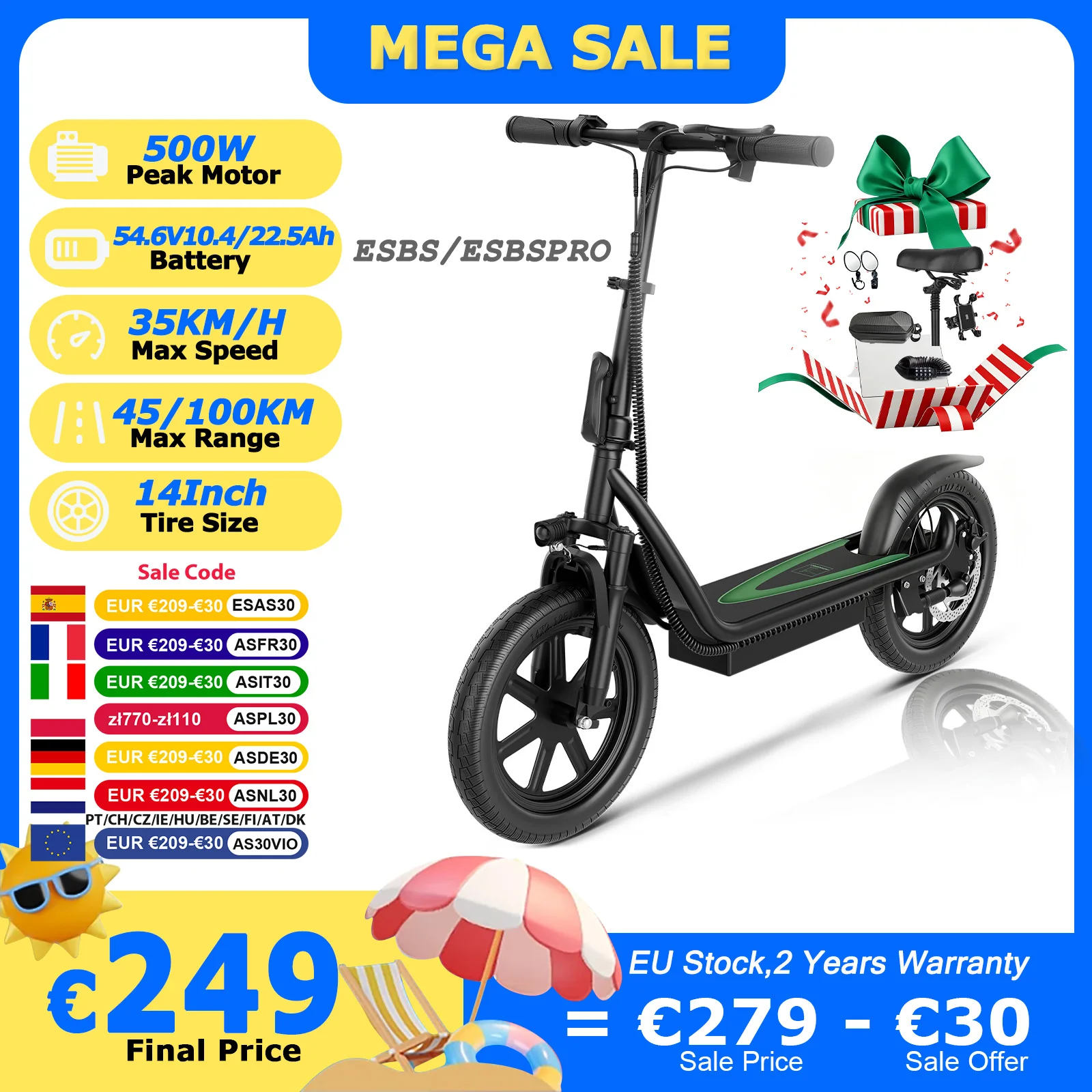 JUICEASE-Trottinette électrique ESBS/ESBSPRO, 500W, 54.6V, 10.4Ah/22,5 Ah, batterie de grande capacité, 45/100km d'autonomie, 35 km/h, 14 pouces