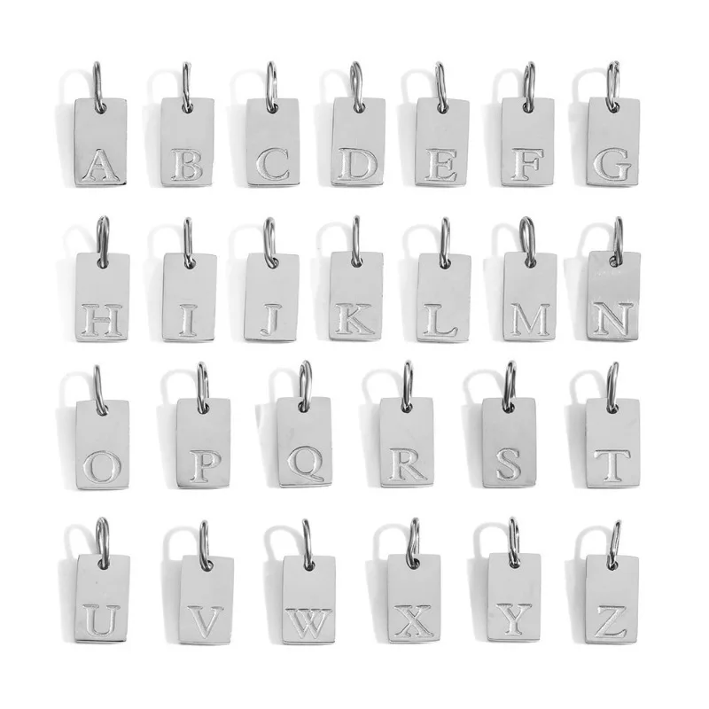 Rectangle Initial Letter Charms A-Z Alphabet Tag Pendant Stainless Steel Jump Ring for DIY Personalized Name Jewelry Making