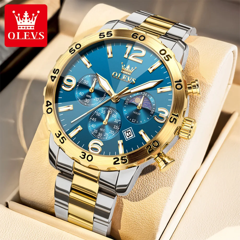 OLEVS 3678 Luxury Man Watch Rhombus Mirror Multifunction Quartz Watch for Men Waterproof Moon Phase Chrono Stainless Men's Watch