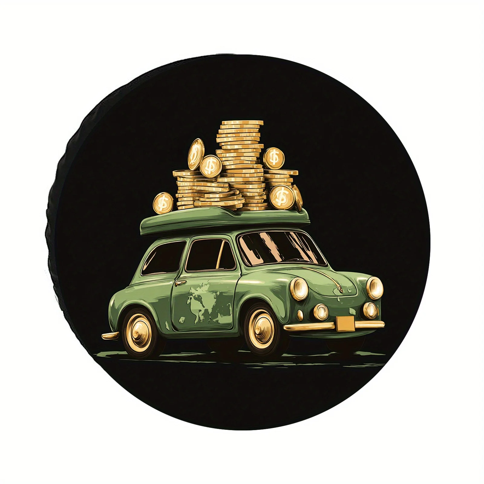 Golden Coin Spare Tire Cover, Featuring A Vintage Green With A Stack Of Golden Coins On Top. This Fun And Wealth-themed Design