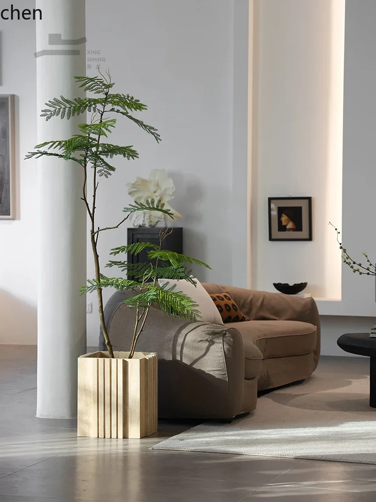 HT Marble Travertine Flower Pot Floor-standing Green Plant Artificial Blue Camellia Living Room Ornament