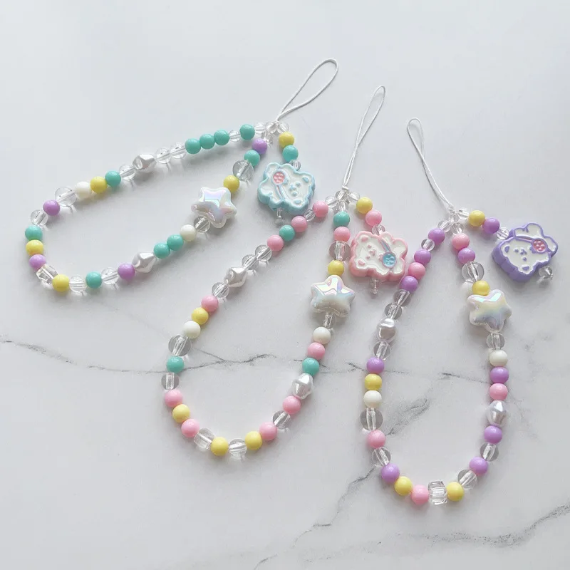 

Korean Cute Multicolor Resin Bear Star Phone Chain for iPhone Women Beaded Lanyard Strap Hanging Cord
