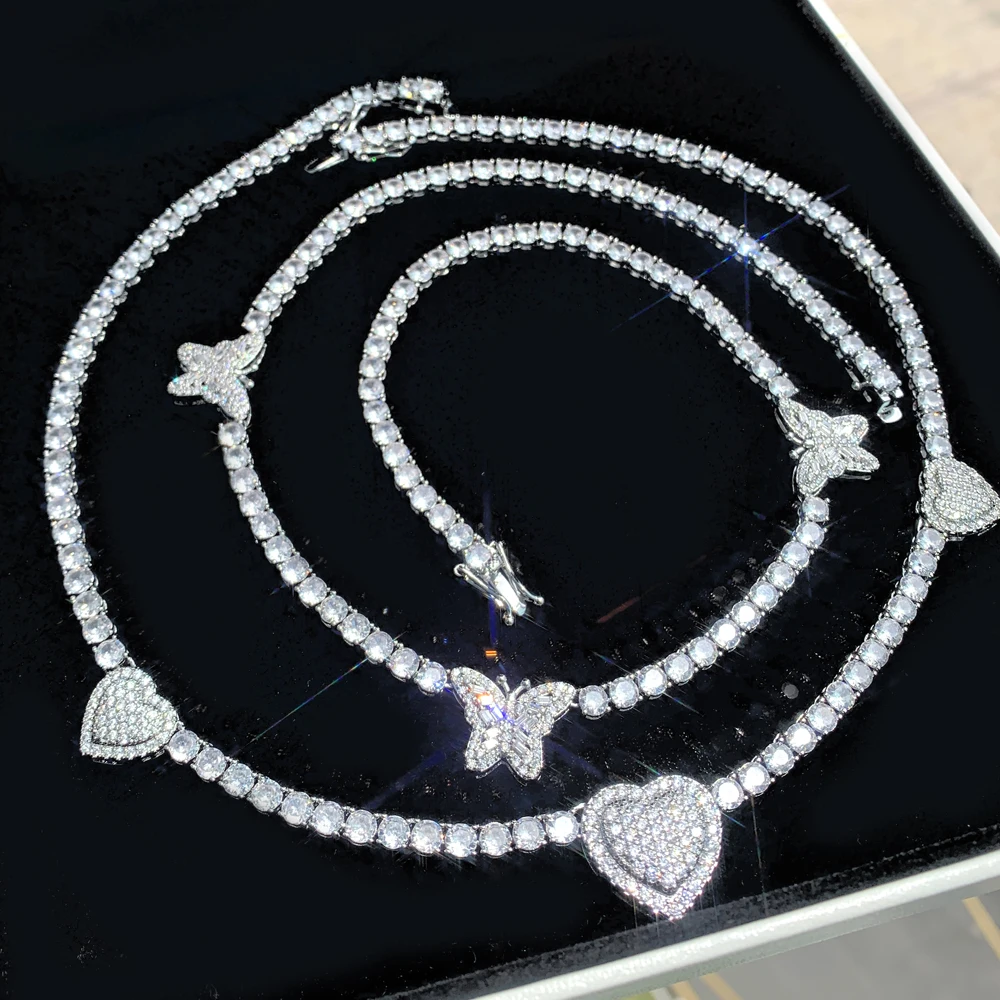 New Trendy Iced Out Bling Cz Butterfly Heart Tennis Necklace Micro Paved Cubic Zirconia Link Chain Hip Hop Jewelry