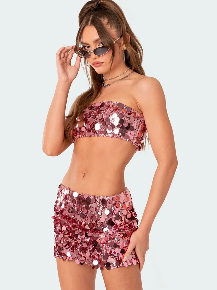 لامعة الترتر الجوف خارج 2 قطعة مجموعة المرأة أكمام اقتصاص أعلى ميدي Bodycon تنورة دعوى 2023 الصيف الشاطئ الإناث وتتسابق #3