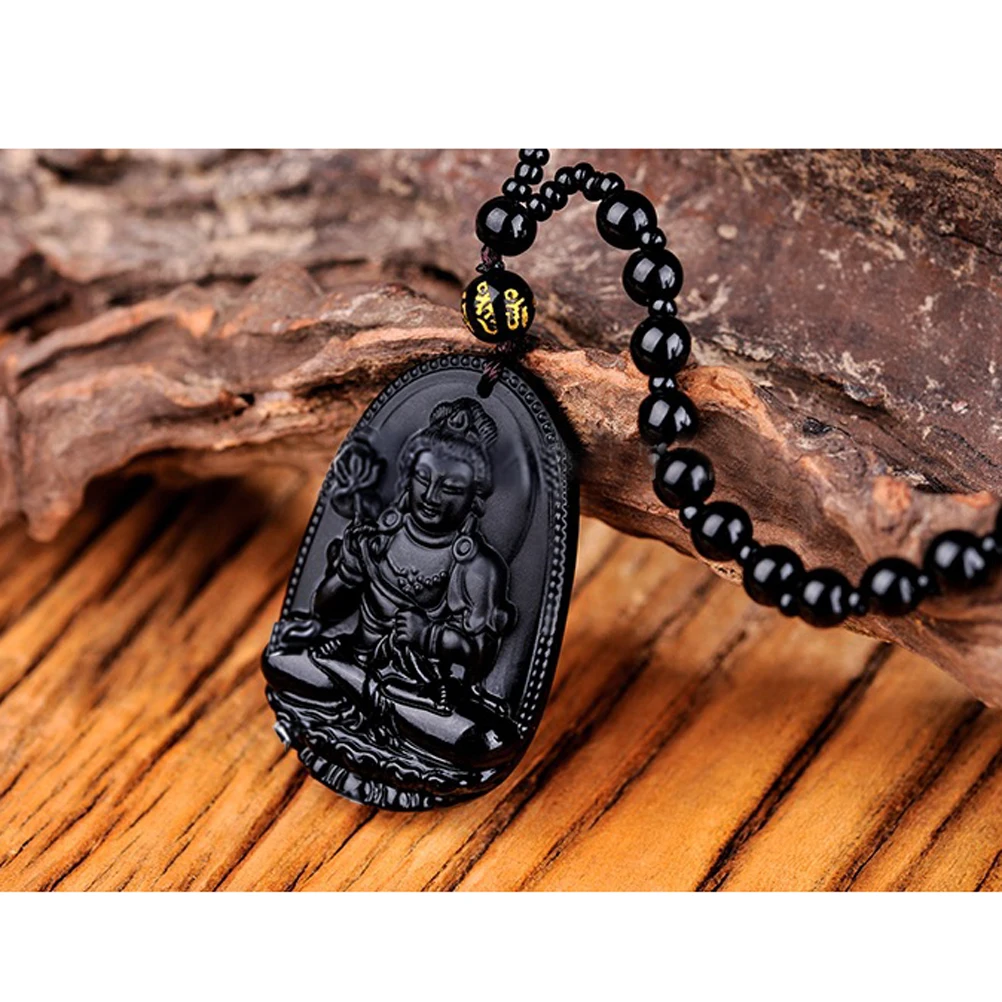

Hand Carved Natural Genuine Obsidian Buddha Pendant Necklace Chinese Zodiac Mahasthamaprapta Buddhisattva Amulet (For People Bor