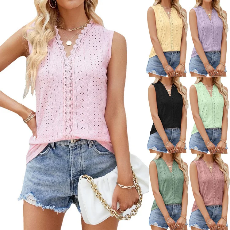 2024 Women Summer Vest Top Hollow V-neck Sleeveless Patchwork Vest Women's Top Lace Casual Soft Comfy T-shirt Women's Clothing