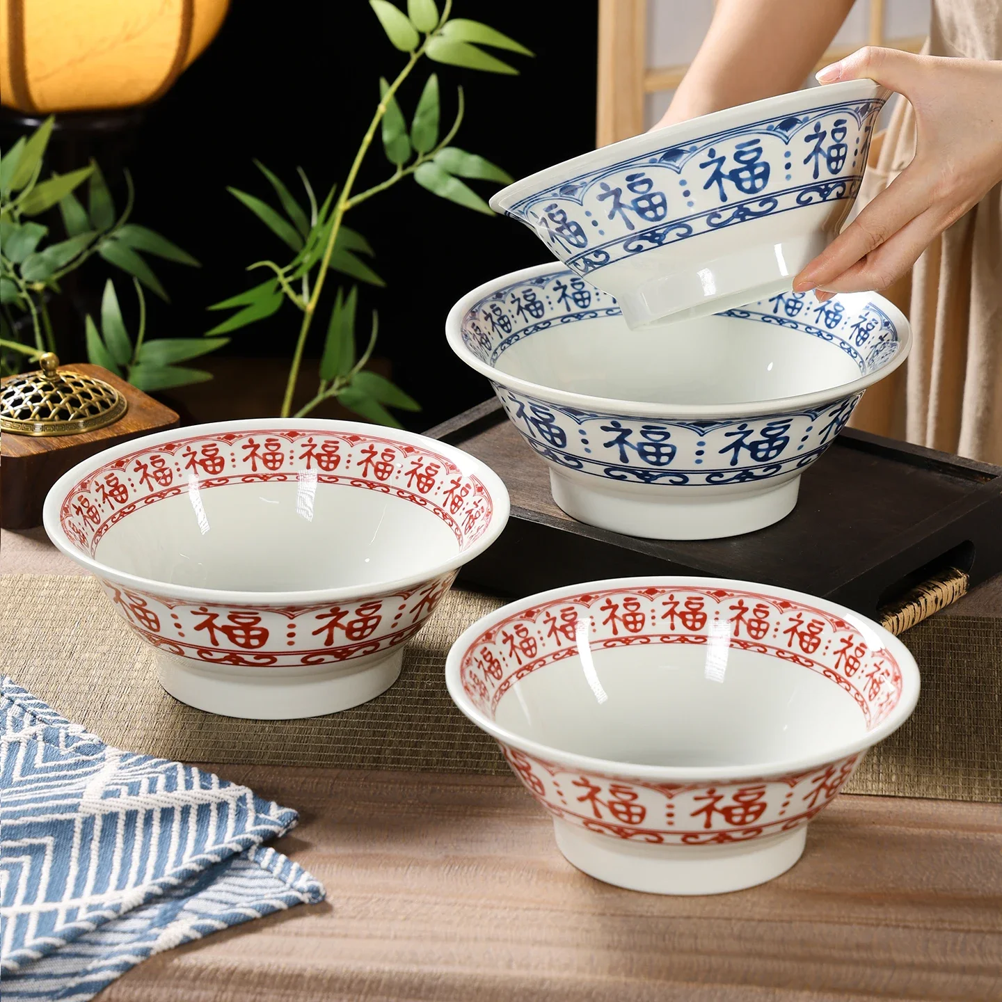 Commercial Grade Melamine Bowls Chinese Restaurant Special Fried Sauce Noodles Longevity Noodles Rice Noodles Lucky Character