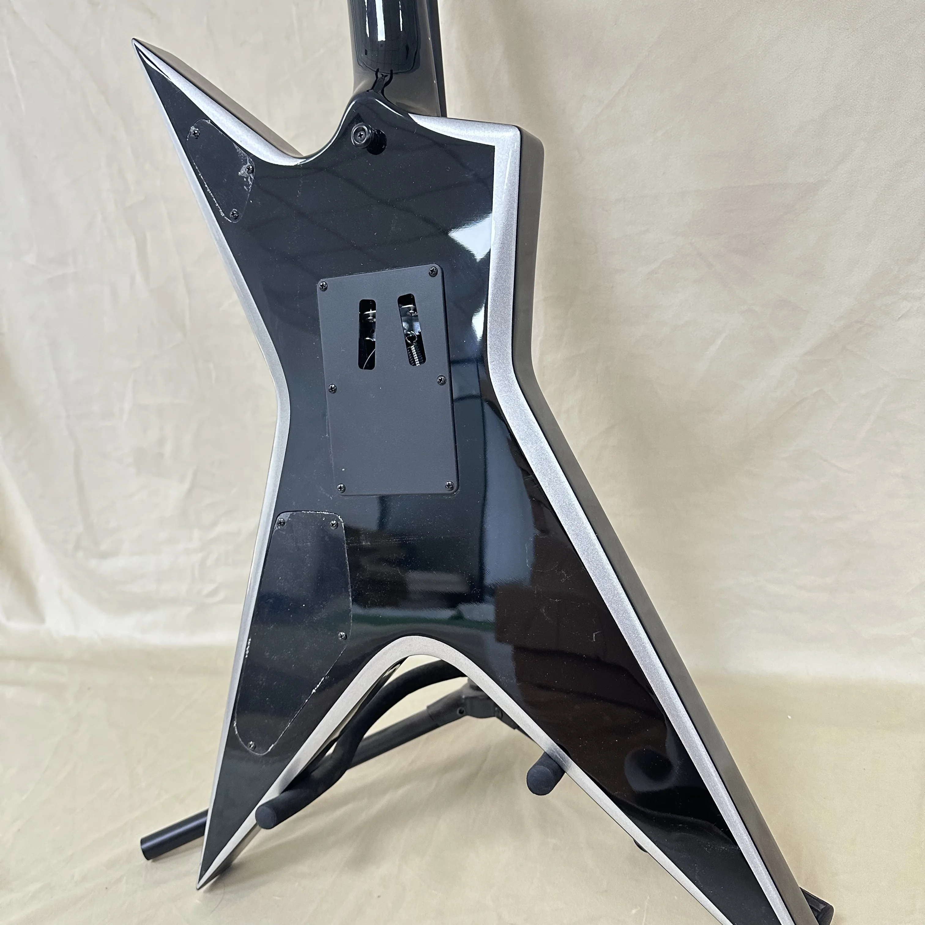 Black V-Shaped Electric Guitar Silver Beveled Edge Heavy Metal Style Glossy Black HH Humbuckers Finish Free Shipping Worldwide
