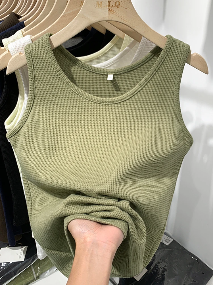 

2024 Summer Women Sleeveless Tank Tops Screw Thread Crop Top O-neck Slimfit Knitted Vest Female Solid Camis Cropped Streetwear