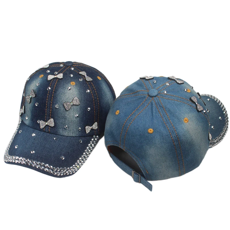 Fashion Women Baseball Cap Bling Stars Rhinestone Denim Cap Adjustable Strap Jean Snapback Hat Distressed Brim