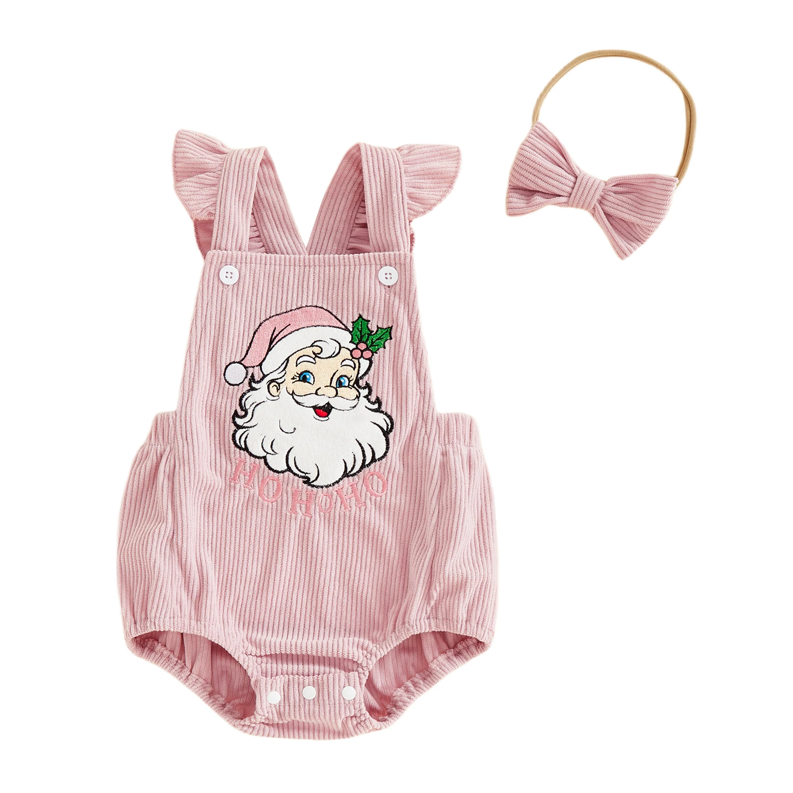 

Baby Girl Christmas Outfit Santa Letter Embroidery Flying Sleeve Corduroy Romper Bow Headband 2 Piece Set