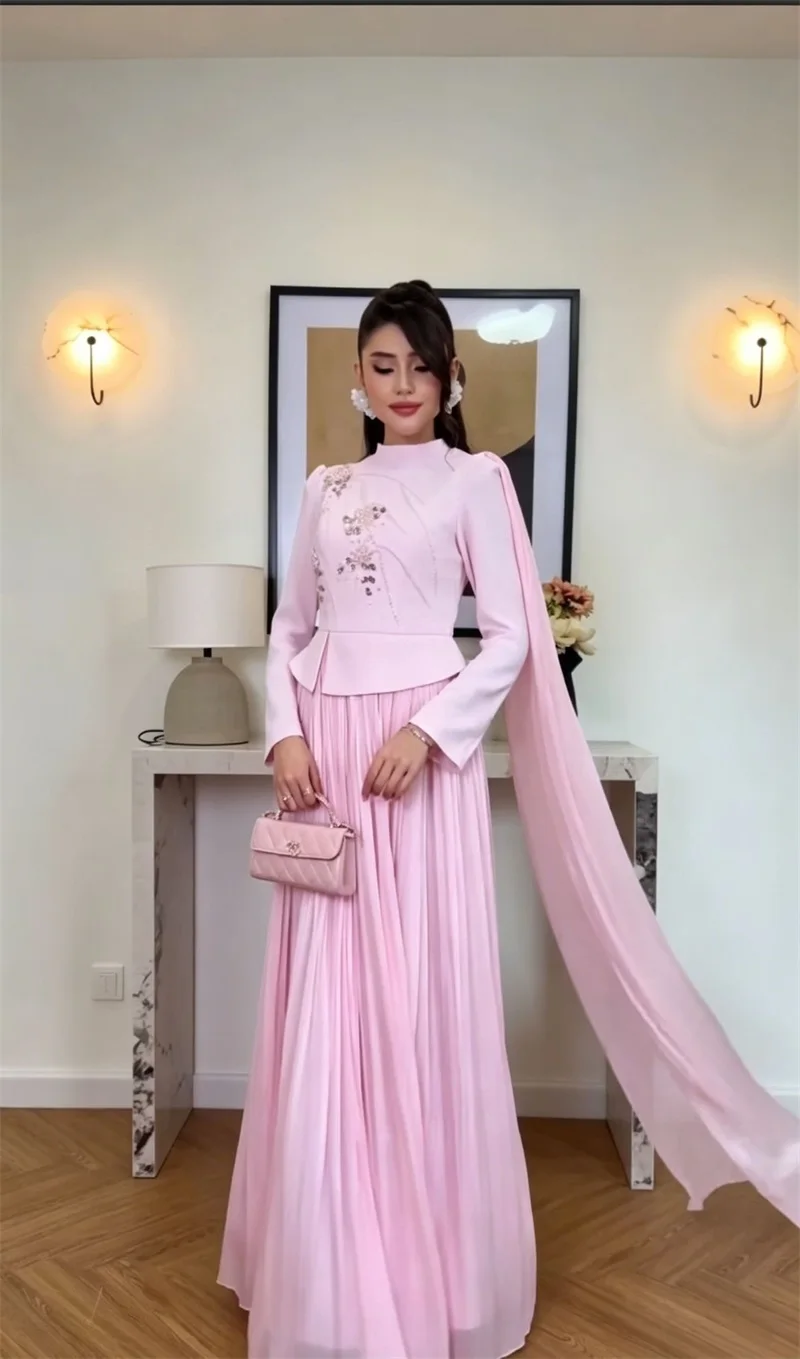 Elegant Shawl Wrap Prom Dress Crystals Full Sleeves Pleated Floral A Line Party Gown Formal Wedding Guest Birthday Evening Robe