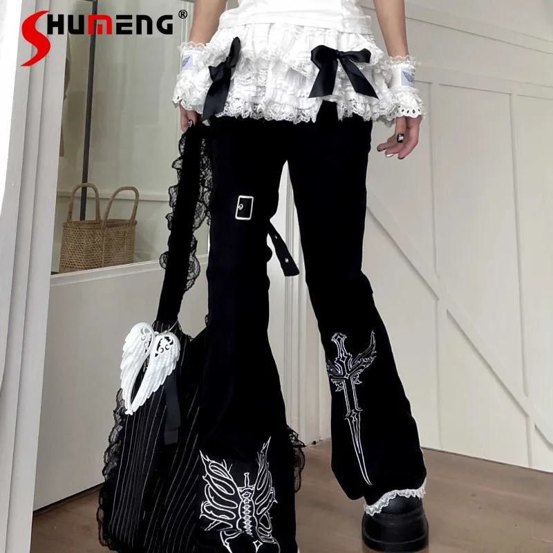 Black And White Embroidery Lace Figure Flattering Culotte Two-Piece Set Cake Skirts Bootcut Trousers Long Slimming Black Pants