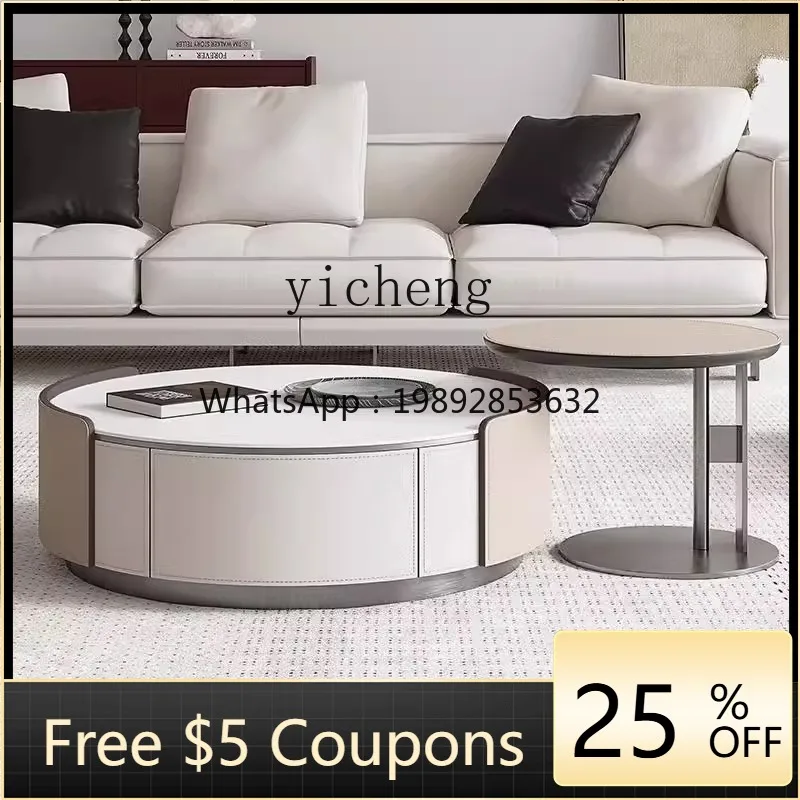 

ZZ saddle leather rock slab coffee table side table combination round light luxury living room small apartment coffee table