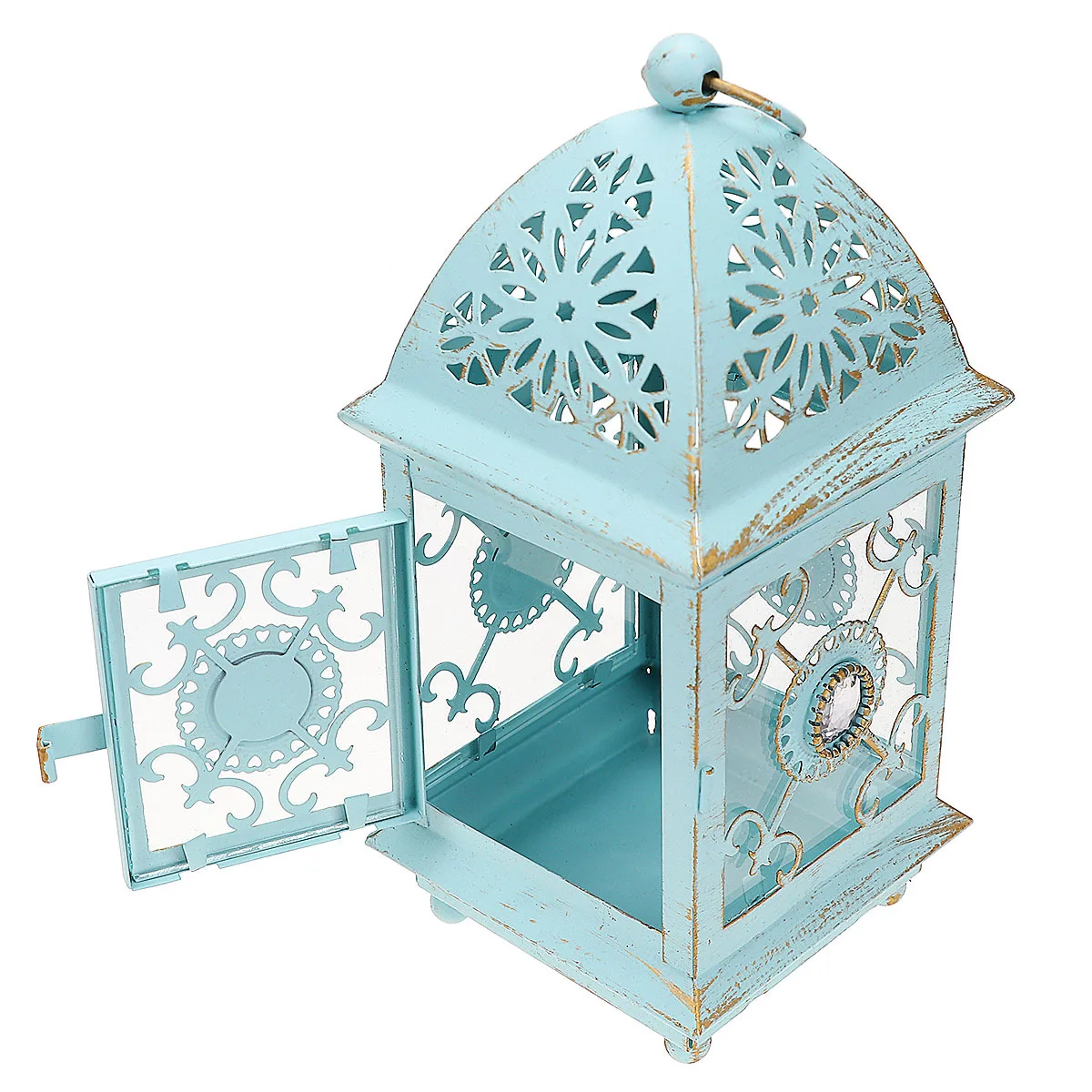 

Rustic Iron Lantern Blue Gold Versatile Decor for Home Office Parties Weddings Festival Romantic Ambience