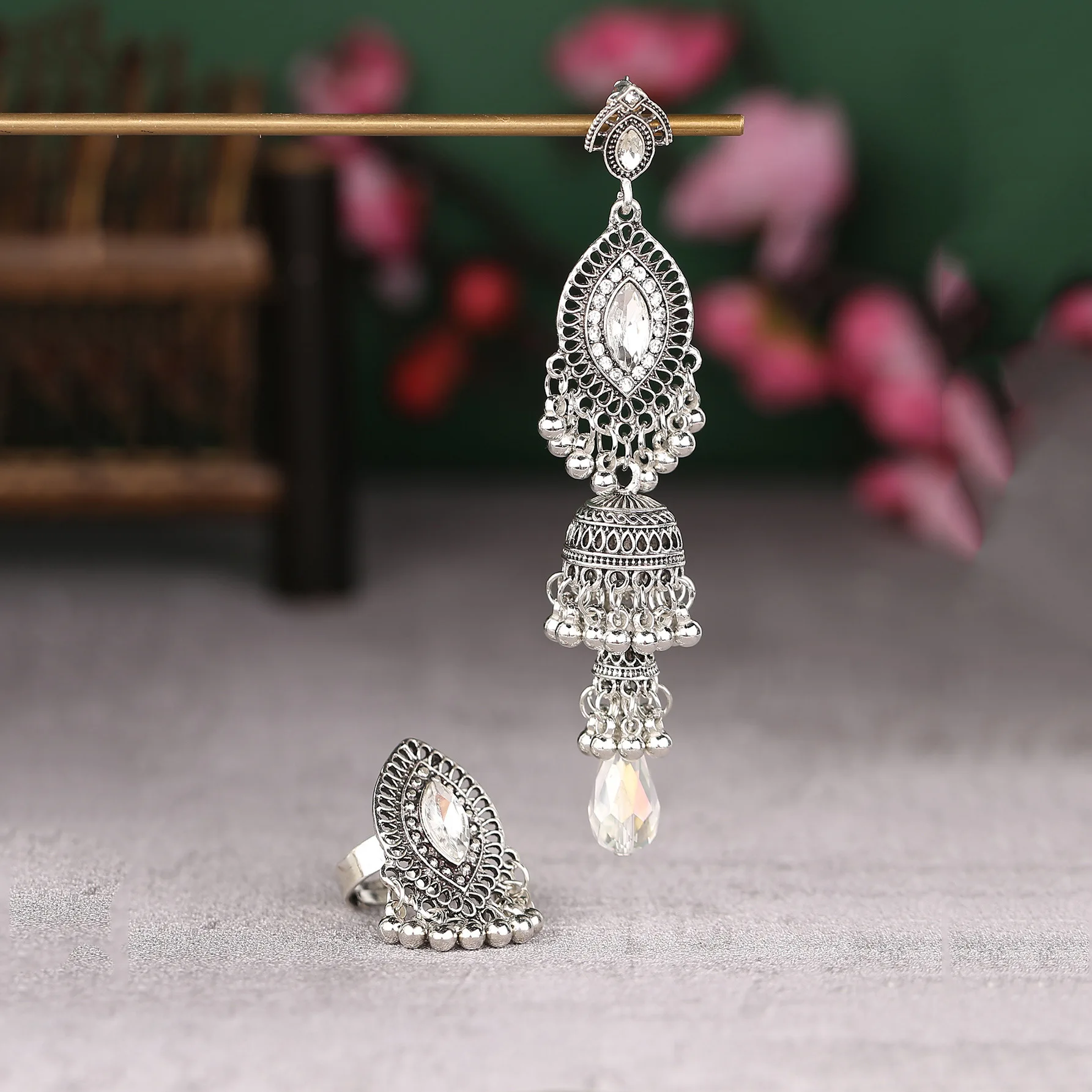 Ethnic Luxury Silver Color Long Dangle Earring Set White Crystal Water Drop Jewelry Set for Women Vintage Indian Brincos Jewelry