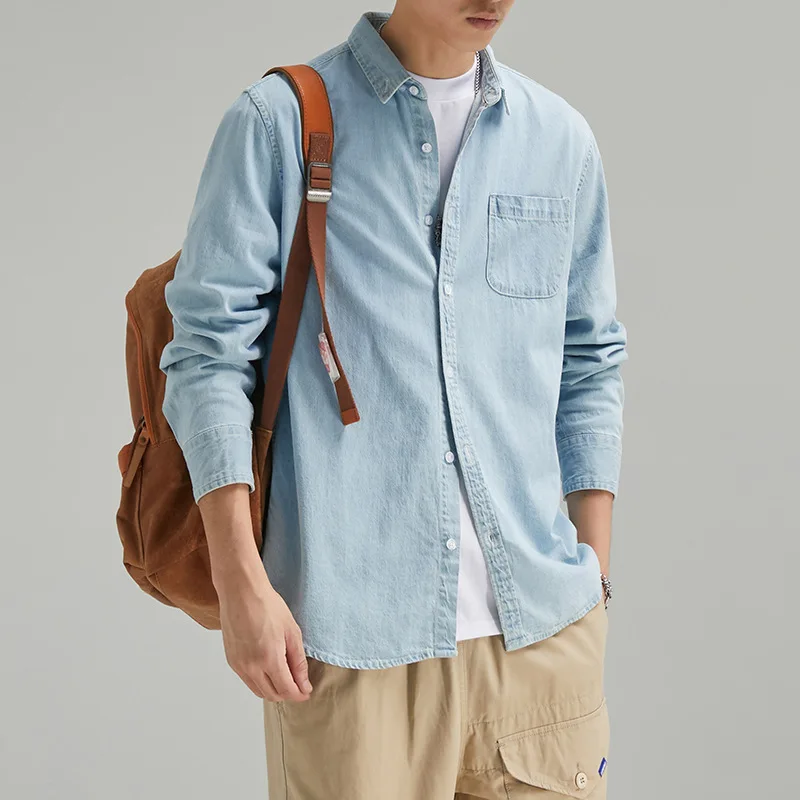 Simples manga longa denim camisa masculina primavera outono diário casual camisas de algodão puro homem lapela bolso luz azul jean camisa versátil