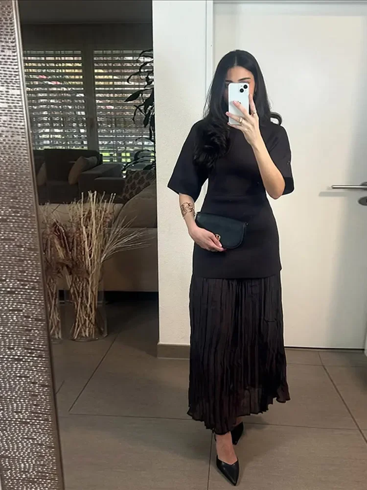 

Women's Summer Dress Elegant O-neck Patchwork Pleated Half Sleeve Long Robes Female 2025 Spring New Fashion Evening Dress Woman