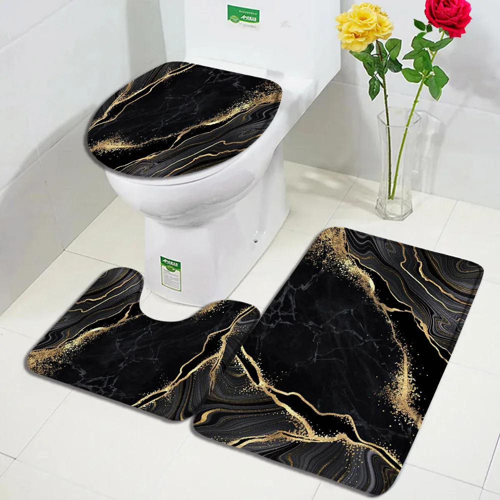 Abstract Black Marble Bath Mat Set Gold Lines Crackle Texture Modern Home Carpet Bathroom Decor Anti Slip Rugs Toilet Lid Cover