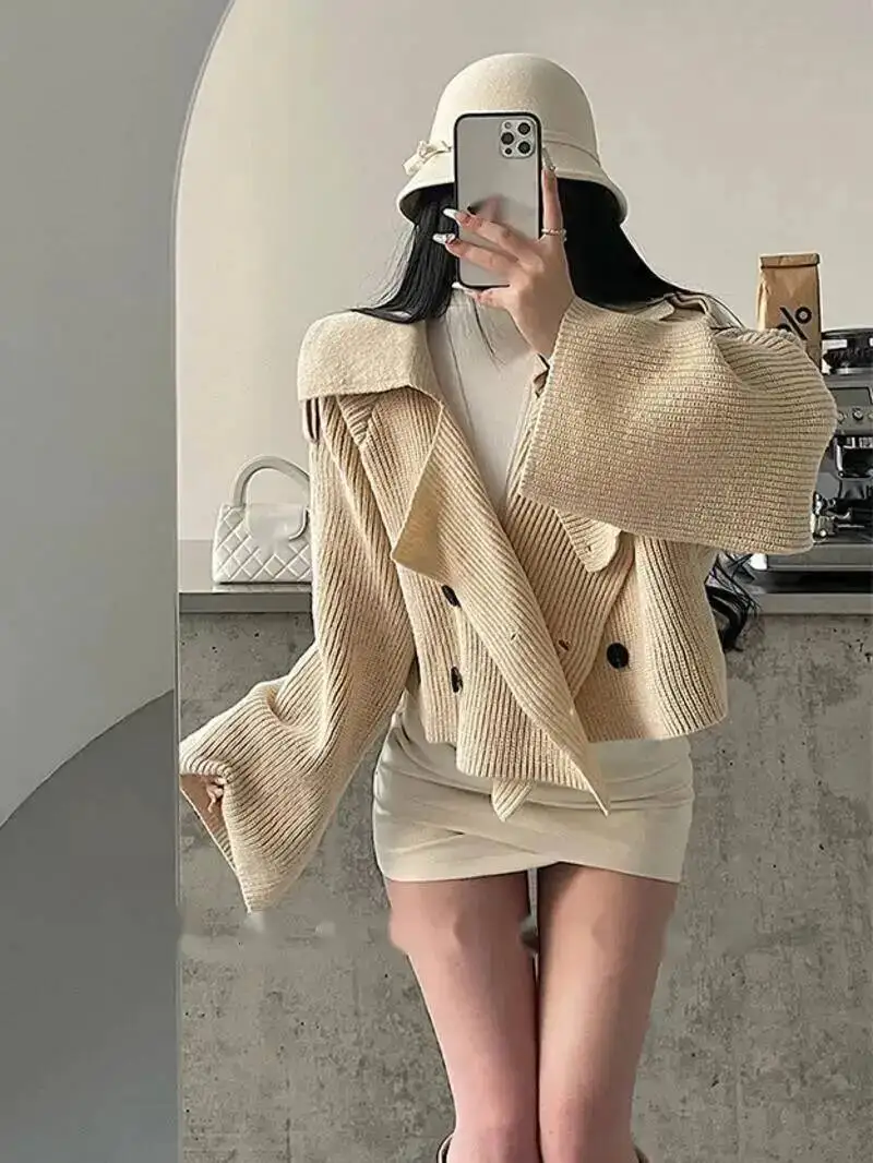 

Ленивая атмосфера, двубортный свободный утягивающий короткий свитер с длинными рукавами, вязаный кардиган, куртка, модная повседневная женская куртка G4L5