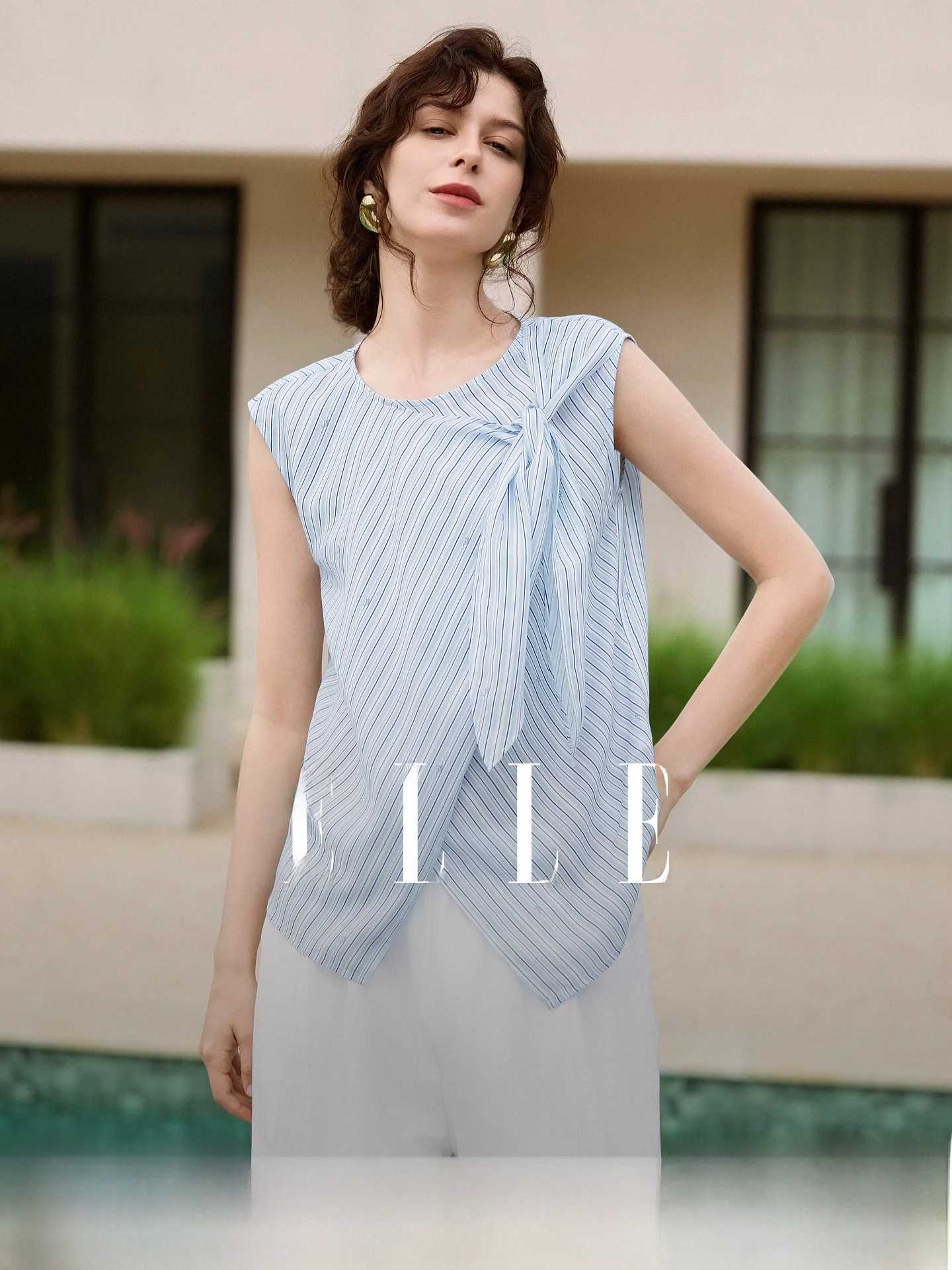 

Elle Design Knot Sash Sleeveless Shirt Women's Summer New Loose Commute Shirt Polyester Fiber round Neck Regular Length