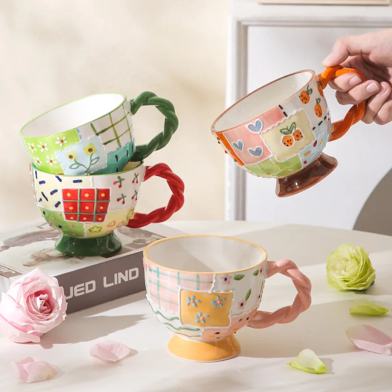 Hand Painted Ceramic Mug Creative Coffee Cup Country Style High Foot Oatmeal Mug for Breakfast Home Use