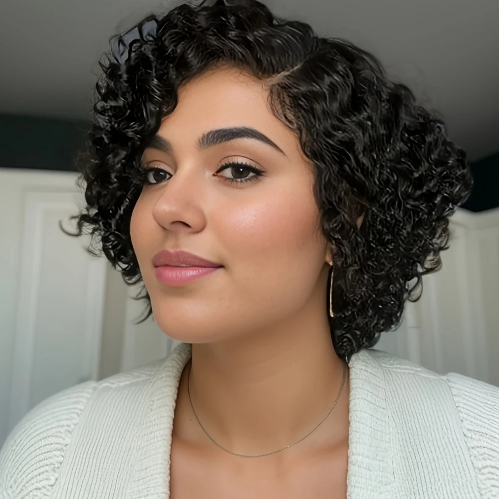 

Short Curly Wave Pixie Cut Human Hair Wigs 13x4x1 T Part Lace Front Wig Water Wave Wig for Women