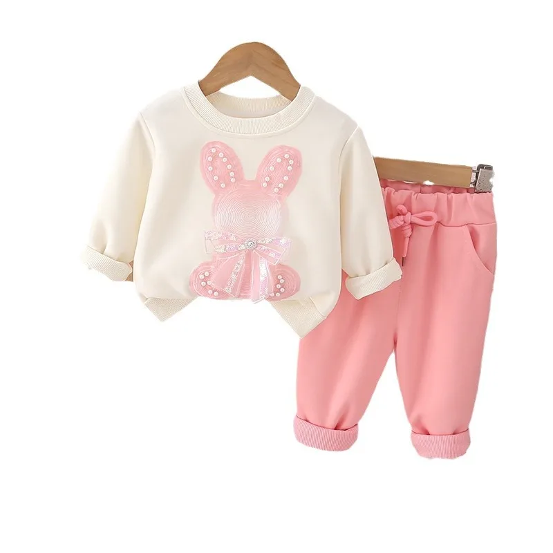 2024Spring and Autumn New Girls\' Cartoon Rabbit round Neck Long Sleeve Korean Style Fashionable Sweater Sports Two-Piece Set