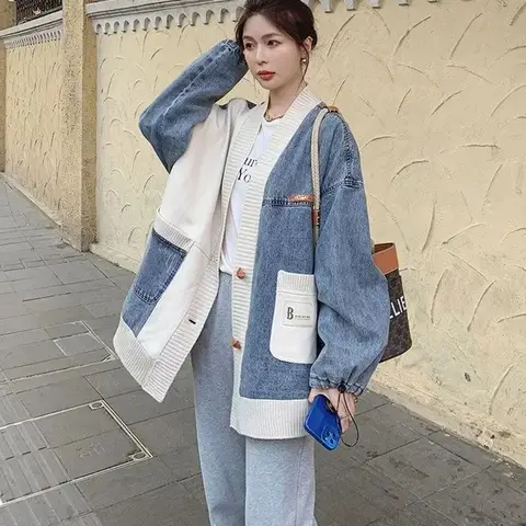New Oversized Women's Denim Coat Autumn Design Sense Loose Baseball Jacket Top Fashion Female Sweater Patchwork Outerwear 4XL