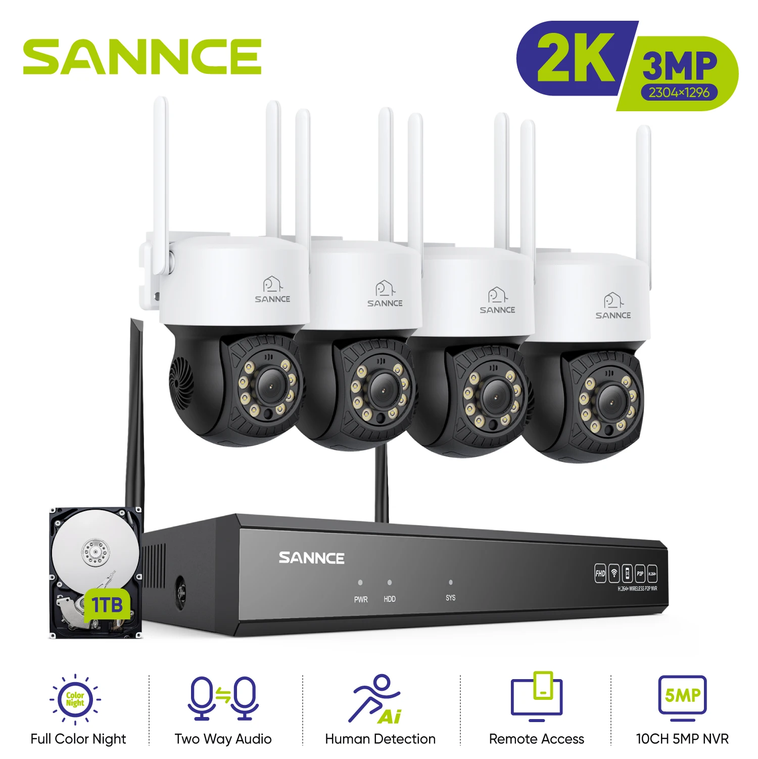 SANNCE 10CH 3MP Wifi Security Camera Outdoor Night Vision H.264+ Two way Voice Email Alert IP66 CCTV Surveillance Camera System