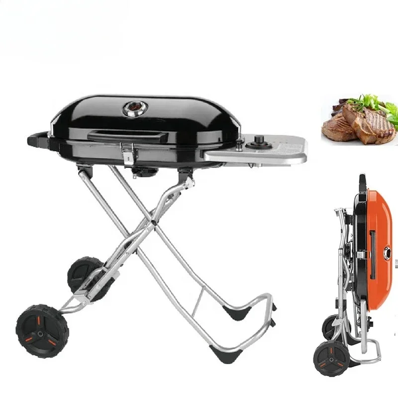 Side Burner Portable Foldable Propane Grill Griddle Gas Barbecue Camping Outdoor Folding BBQ Grills with Trolley