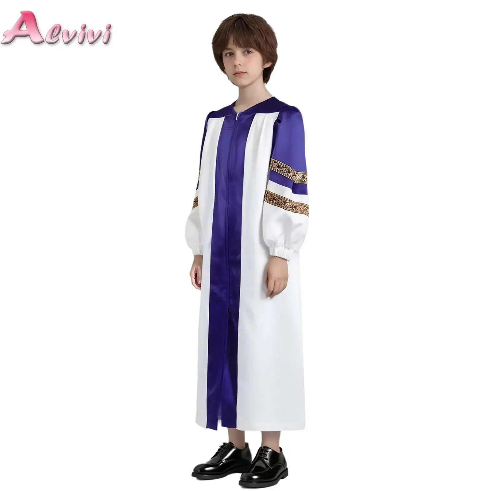 

Kids Boys Girls Long Sleeve Church Choir Robe Embroidered Stripes Color Block Clergy Gown Praise Dance Gown Maxi Dress Costume