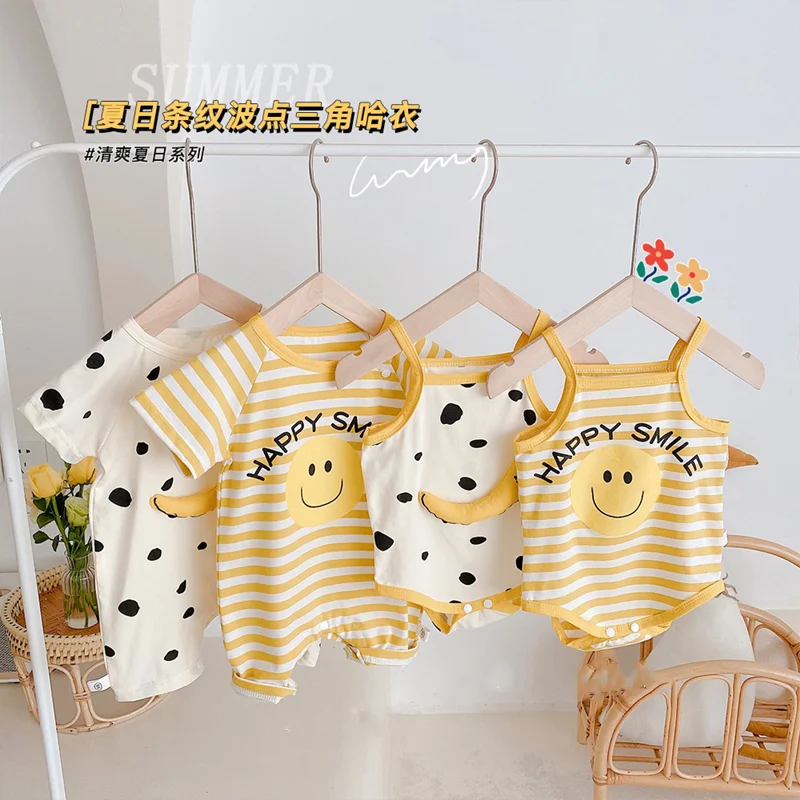 

New Summer Baby Boys and Girls' Sling Smiling Face Printed Banana Bodysuit Children's Polka Dot Stripe Triangle Romper Bodysuit