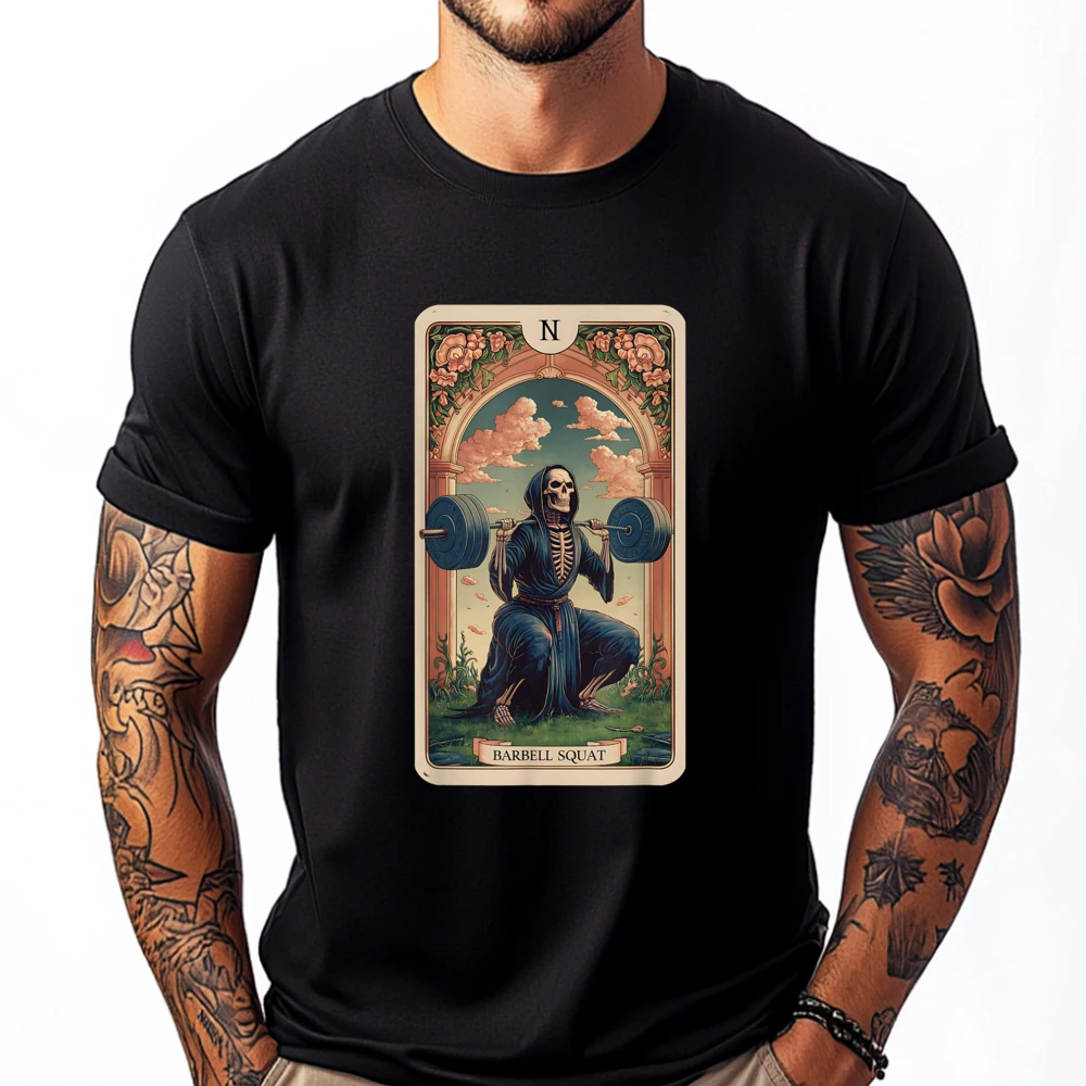 

Funny Tarot Card Barbell Squat Gym Workout Tarot Card Graphic T Shirts 100% Cotton Camisetas De Hombre Plus Size