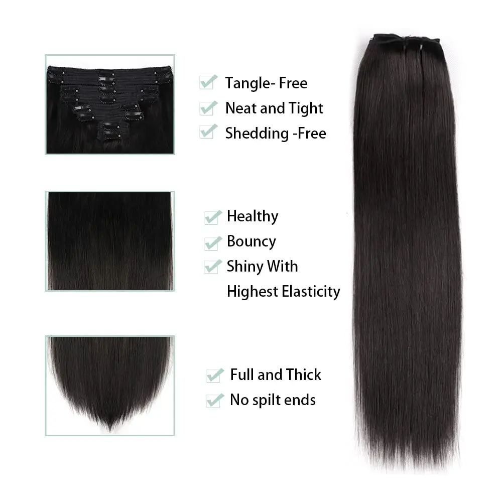 Extensiones de cabello humano con Clip sin costuras, cabello Natural liso, cabeza completa, Invisible, Color negro Natural, 16-26 pulgadas