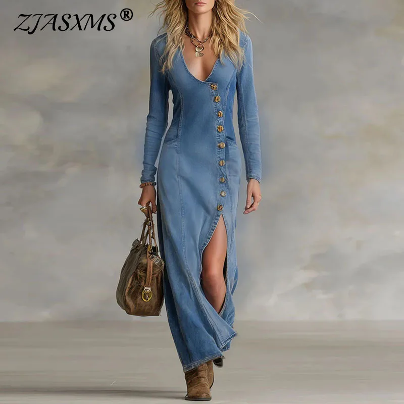 

Women's Bohemian Denim Maxi Dress Spring Deep V Neck Button Front High Slit Party Dress Autumn New Long Sleeve Slim Casual Dress