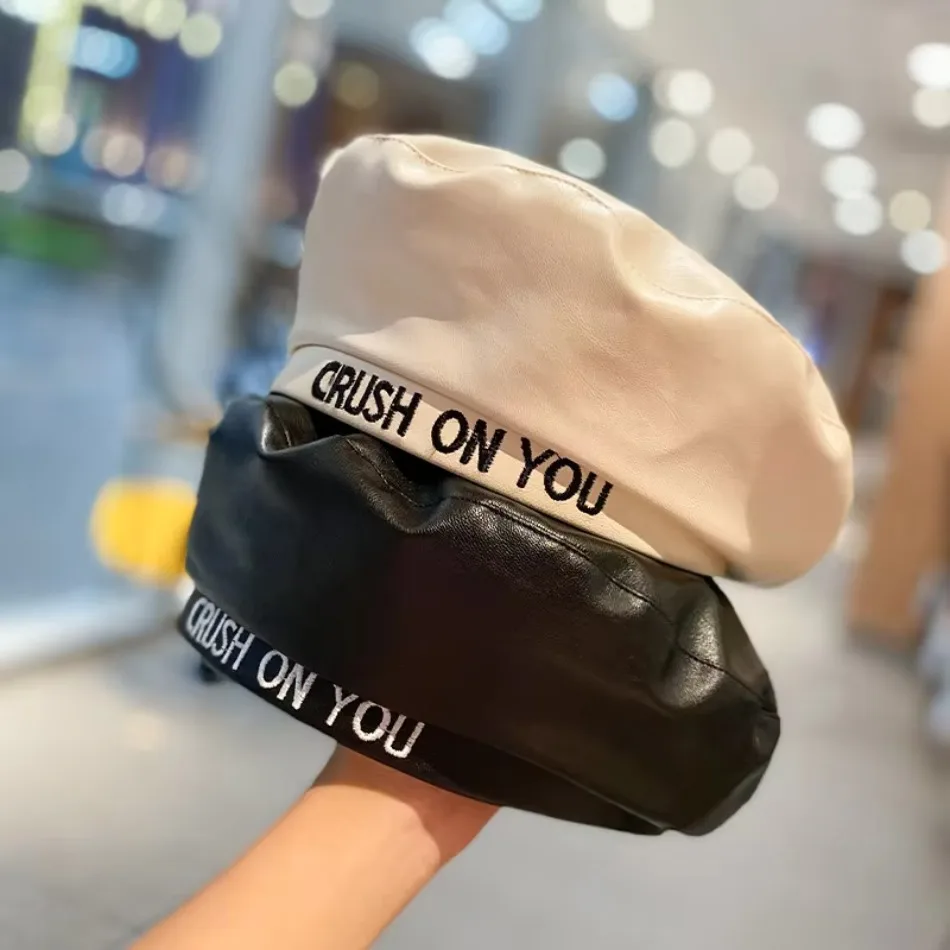 Beret Women\'s Spring Autumn New Embroidered Letter PU Leather Flat Top Japanese and Korean Street Shooting Fashion Bud Hat
