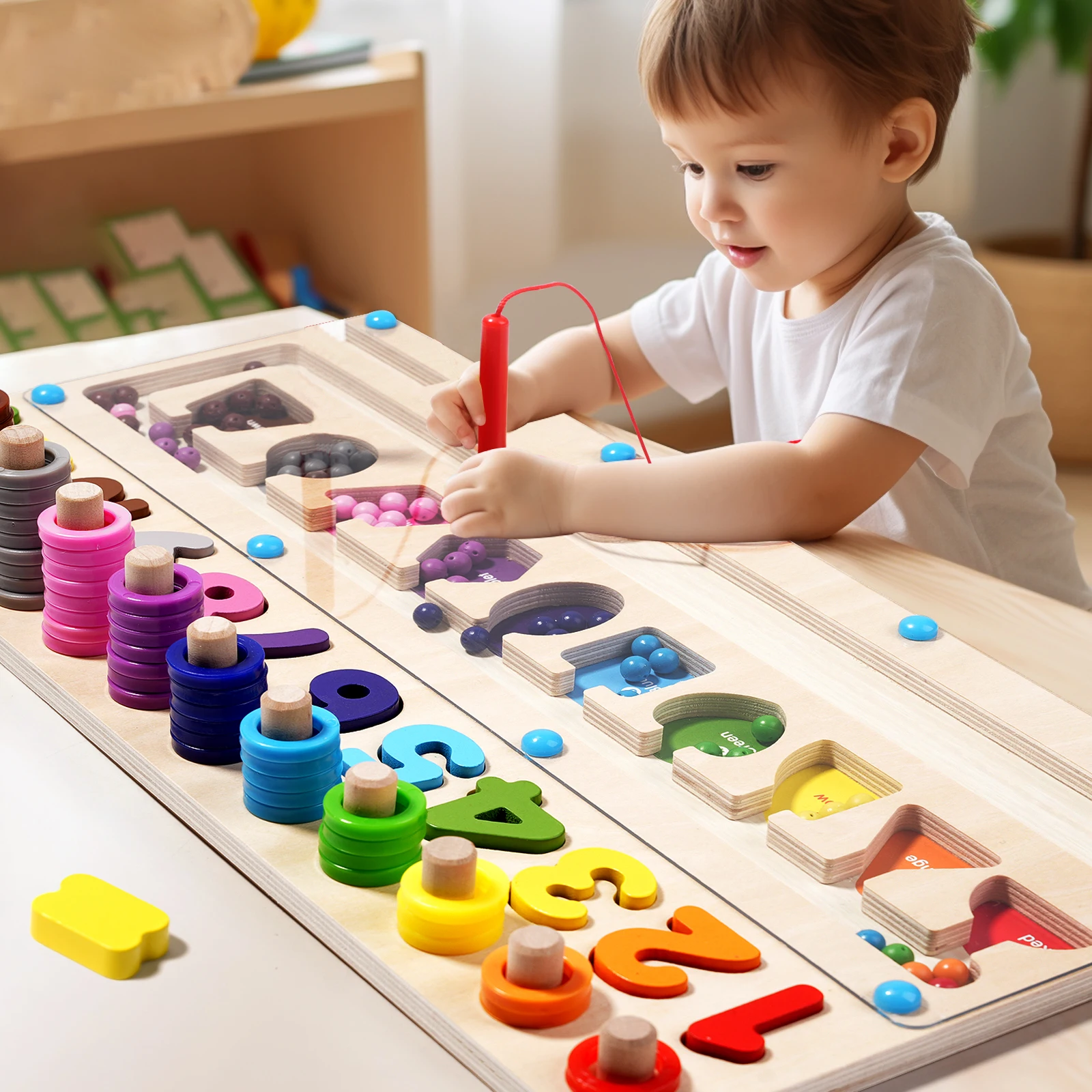 Wooden Magnet Board Puzzles Kids Toy Fine Motor Skills Bead Maze Toy Montessori Toys Magnetic Color and Number Maze Boys Girls